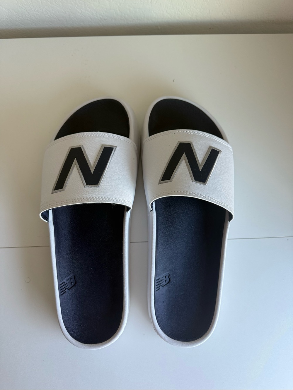 New Balance White and Black Logo Slide Sandals